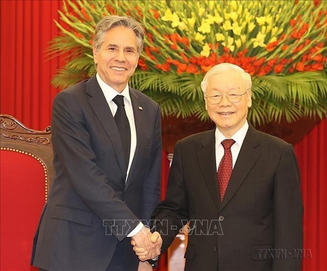 Tổng Bí thư Nguyễn Phú Trọng tiếp Bộ trưởng Ngoại giao Hoa Kỳ Antony Blinken thăm chính thức Việt Nam (Hà Nội, 15/4/2023). Ảnh: Trí Dũng – TTXVN