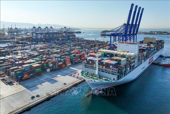 Tàu OOCL PIRAEUS cập cảng Piraeus ở Hy Lạp ngày 10/7/2023. Ảnh: THX/TTXVN