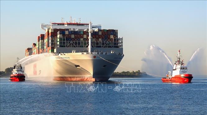 Tàu OOCL PIRAEUS cập cảng Piraeus ở Hy Lạp ngày 10/7/2023. Ảnh: THX/TTXVN