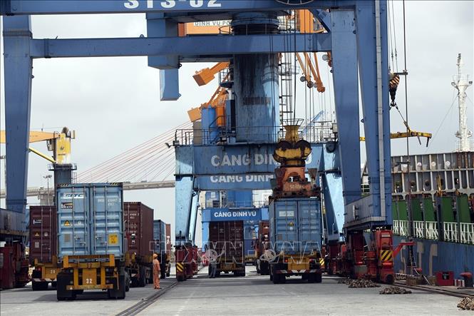 Các phương tiện đến bốc, dỡ hàng hóa tại cảng Đình Vũ. Ảnh: Tuấn Anh - TTXVN
