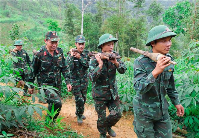Bom, mìn, vật nổ sau khi dò gỡ, xử lý an toàn được cán bộ, chiến sĩ Công ty xử lý bom mìn, vật nổ 319 (Bộ Quốc phòng) chuyển về vị trí tập kết. Ảnh: Hoàng Hiếu – TTXVN