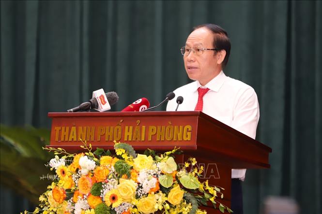 Bí thư Thành ủy Hải Phòng Lê Tiến Châu phát biểu tại kỳ họp HĐND. Ảnh: TTXVN phát