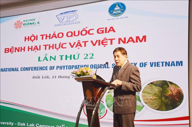 GS.TS Vũ Triệu Mẫn, Chủ tịch Hội nghiên cứu bệnh hại thực vật Việt Nam phát biểu khai mạc hội thảo. Ảnh: Hoài Thu – TTXVN