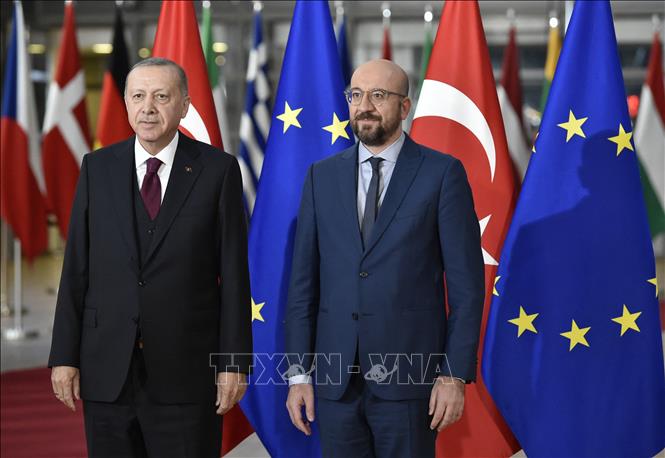 (Tư liệu) Chủ tịch Hội đồng châu Âu Charles Michel (phải) trong cuộc gặp Tổng thống Thổ Nhĩ Kỳ Recep Tayyip Erdogan tại Brussels (Bỉ). Ảnh: AFP/TTXVN