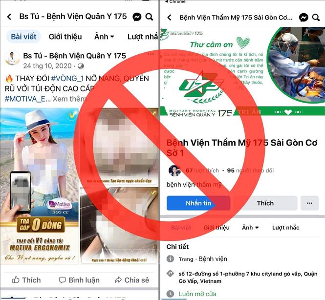 Trong ảnh: Một trang tin facebook giả mạo bác sĩ và Bệnh viện Quân y 175, Thành phố Hồ Chí Minh. Ảnh chụp màn hình - TTXVN phát