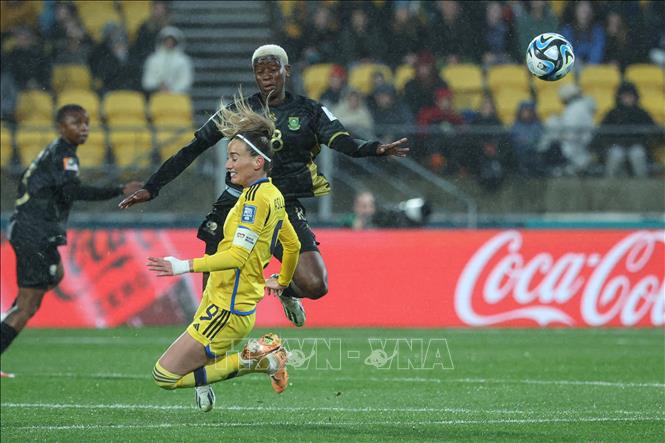 Tiền vệ Kosovare Asllani (trái- số 9 ) đội Thụy Điển tranh bóng với các cầu thủ đội Nam Phi. Ảnh: AFP/TTXVN