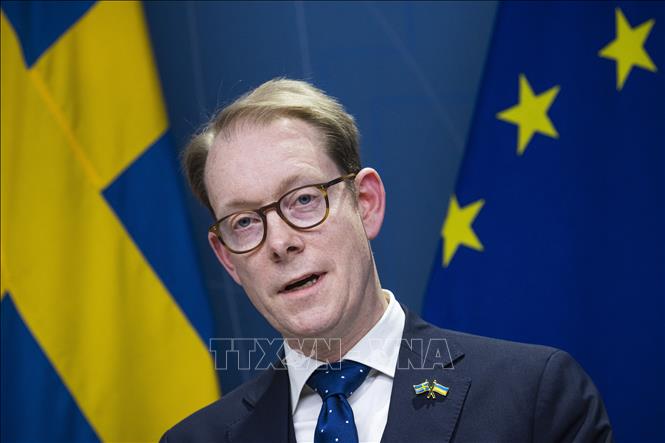Ngoại trưởng Thụy Điển Tobias Billstrom trong cuộc họp báo tại Stockholm, ngày 14/7/2023. Ảnh: AFP/TTXVN