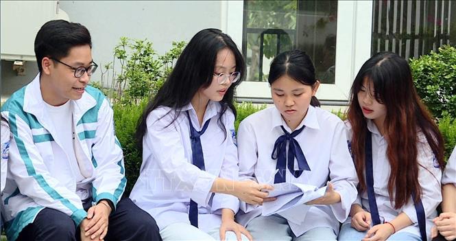 Em Đỗ Nguyễn Hải An (thứ 2 từ phải qua), lớp 12 chuyên Anh 1, Trường THPT Chuyên Lương Văn Tụy, thành phố Ninh Bình, tỉnh Ninh Bình học nhóm cùng các bạn. Ảnh: Thùy Dung - TTXVN