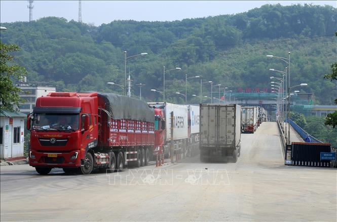 Cargo trucks at the Kim Thanh Border Gate. VNA Photo: Quốc Khánh
