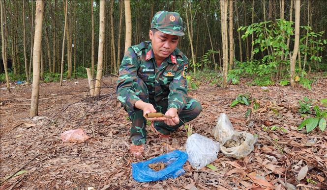 Cán bộ chiến sỹ phát hiện nhiều di vật ở khu vực đồi Xuân Sơn. Ảnh: Sỹ Thắng-TTXVN