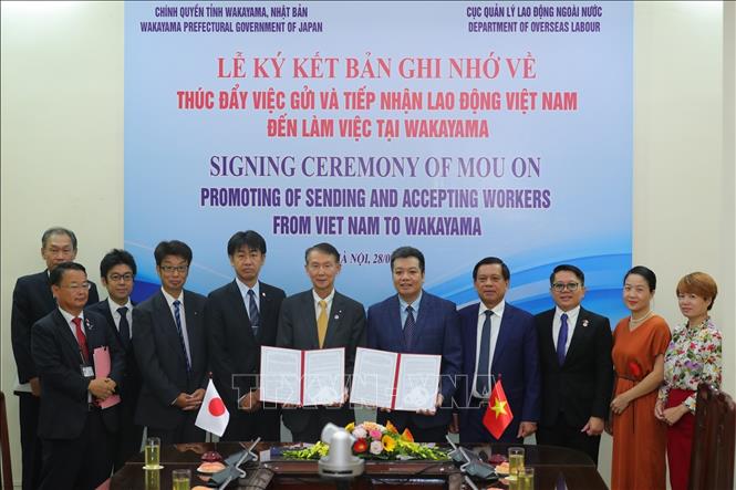 The signing of a Memorandum of Understanding on cooperation in basic legal framework between the Department of Overseas Labour Management of the Ministry of Labour, Invalids and Social Affairs and Wakayama prefecture. VNA Photo: Hoàng Hiếu