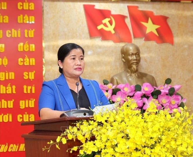 Chủ tịch UBND tỉnh Bình Phước Trần Tuệ Hiền phát biểu tại buổi làm việc. Ảnh: Sỹ Tuyên - TTXVN