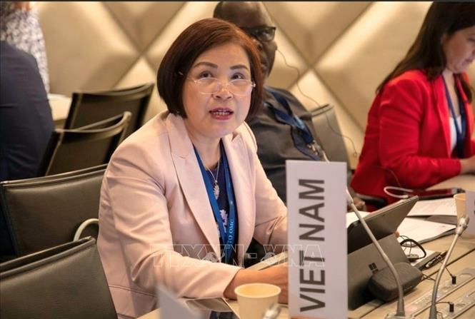 Đại sứ Lê Thị Tuyết Mai, Trưởng Phái đoàn đại diện Việt Nam tại Geneva phát biểu tại Phiên họp lần thứ 57 Nhóm tư vấn chung của ITC ở Geneva, ngày 20/7/2023. Ảnh: TTXVN phát