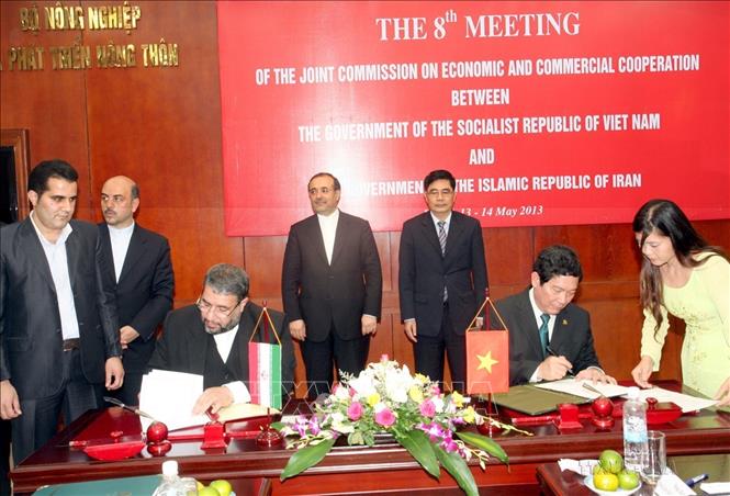 Thứ trưởng Bộ Văn hoá, Thể thao và Du lịch Việt Nam Huỳnh Vĩnh Ái và Phó Chủ tịch Tổ chức văn hoá Hồi giáo Iran Karim Najafi Barzegar ký văn bản hợp tác trong lĩnh vực văn hoá, tại Kỳ họp lần thứ 8 Ủy ban hỗn hợp về kinh tế và thương mại Việt Nam – Iran (Hà Nội, 14/5/2013). Ảnh: Đình Huệ - TTXVN