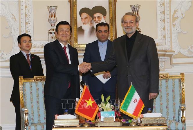 Trong chuyến thăm cấp Nhà nước tới Iran, chiều 14/3/2016, tại thủ đô Tehran, Chủ tịch nước Trương Tấn Sang hội kiến Chủ tịch Quốc hội Iran Ali Larijani. Ảnh: Nguyễn Khang – TTXVN