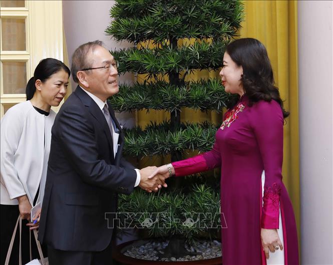 Vice President Vo Thi Anh Xuan receives President of Japan's Kyodo News Agency Mizutani Toru in Hanoi on August 3. VNA Photo: An Đăng