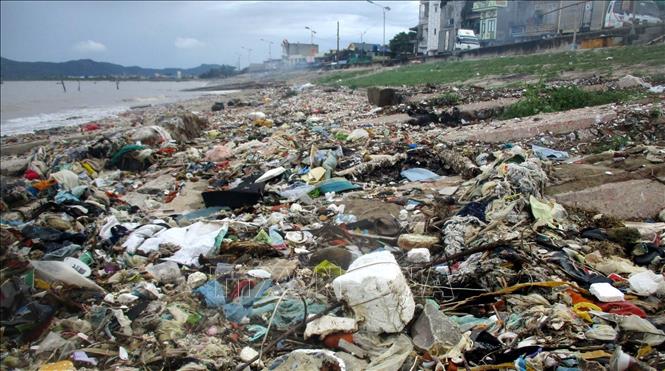Rác thải tràn ngập bờ biển thuộc khu vực giáp ranh bờ biển xã Ngư Lộc và Minh Lộc, huyện Hậu Lộc, Thanh Hóa. Ảnh: Nguyễn Nam-TTXVN