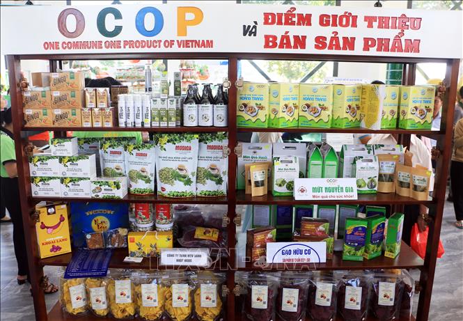 Các sản phẩm OCOP được trưng bày tại nhà chờ Bến cảng hành khách tỉnh Vĩnh Long. Ảnh: Phạm Minh Tuấn-TTXVN