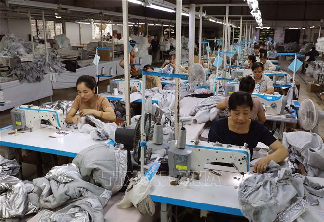 Công ty CP may Thành Hưng ở xã Bảo Lý, huyện Phú Bình chuyên may áo khoác xuất khẩu, tạo việc làm ổn định cho gần 80 lao động với mức thu nhập 8 triệu đồng/người/tháng. Huyện Phú Bình đạt chuẩn NTM năm 2022. Ảnh: Vũ Sinh - TTXVN
