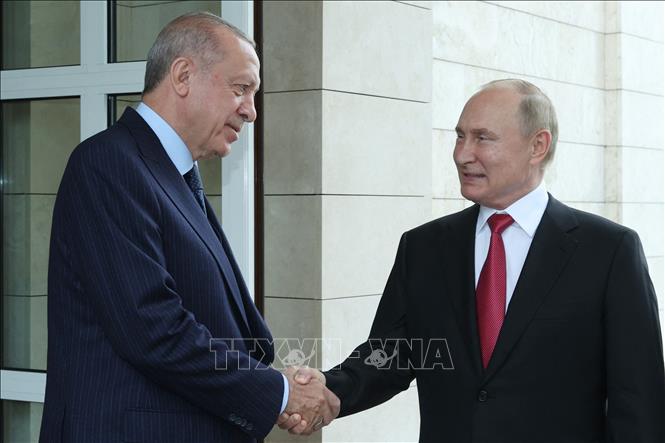 (Tư liệu) Tổng thống Nga Vladimir Putin (phải) và Tổng thống Thổ Nhĩ Kỳ Recep Tayyip Erdogan tại cuộc gặp ở Sochi ngày 29/9/2021. Ảnh: AFP/TTXVN