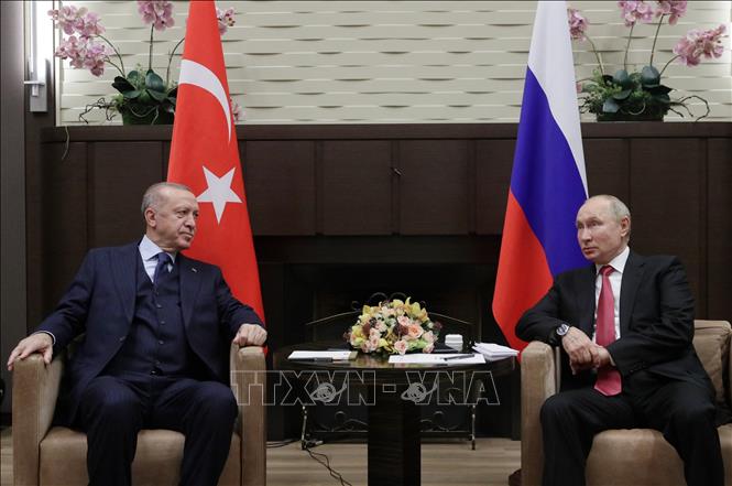 (Tư liệu) Tổng thống Nga Vladimir Putin (phải) và Tổng thống Thổ Nhĩ Kỳ Recep Tayyip Erdogan tại cuộc gặp ở Sochi ngày 29/9/2021. Ảnh: AFP/TTXVN