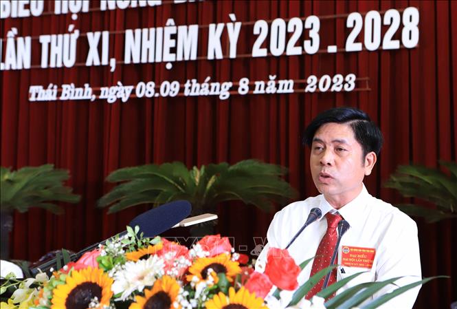 Trong ảnh: Ông Lê Hồng Sơn tái đắc cử Chủ tịch Hội Nông dân tỉnh Thái Bình nhiệm kỳ 2023-2028. Ảnh: Thế Duyệt – TTXVN 