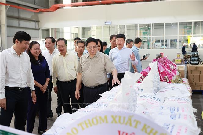 Thủ tướng Phạm Minh Chính xem sản phẩm gạo xuất khẩu của Nhà máy chế biến gạo của Công ty TNHH lúa, gạo Việt Nam. Ảnh: Dương Giang-TTXVN