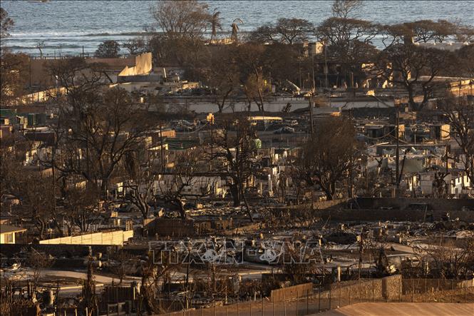 Những ngôi nhà bị thiêu rụi do cháy rừng tại Lahaina, Maui, Hawaii, Mỹ, ngày 12/8/2023. Ảnh: AFP/TTXVN