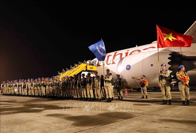 Engineering Unit Rotation No 1 of Vietnam arrive in Hanoi on August 15, fulfilling the UN peacekeeping mission in the UN Interim Security Force for Abyei (UNISFA). VNA Photo: An Đăng