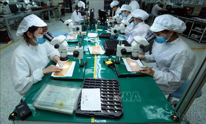 Sản xuất linh kiện điện tử tại công ty TNHH 4P (Văn Giang, Hưng Yên) có vốn đầu tư trong nước. Ảnh: Phạm Kiên - TTXVN