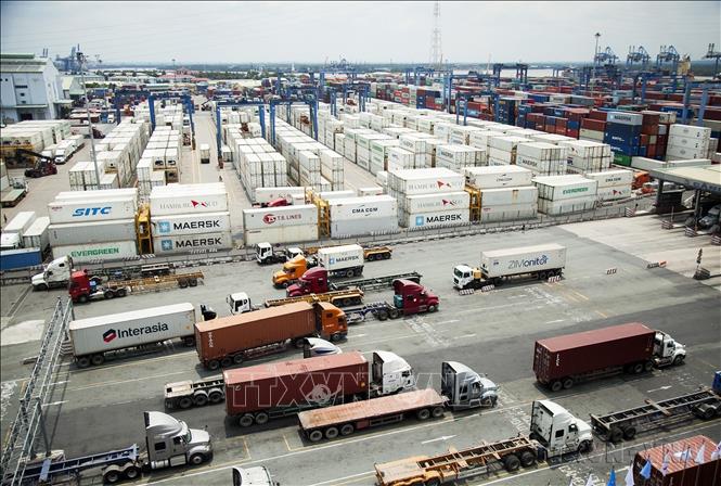 Bốc dỡ hàng hóa xuất nhập khẩu tại kho chứa hàng Tân Cảng Cát Lái, Thành phố Hồ Chí Minh. Ảnh: Hồng Đạt - TTXVN