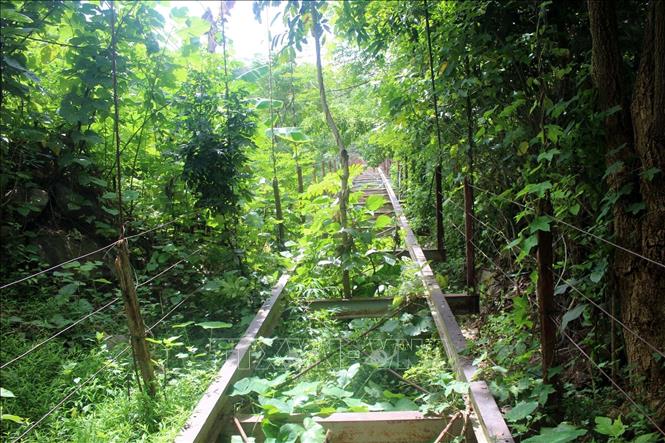 Mặt cầu làm bằng ván gỗ nhưng đã bị rơi gần hết. Ảnh: Nguyễn Nam - TTXVN