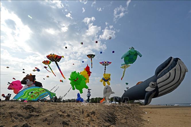 Lễ hội thả diều quốc tế Tamil Nadu diễn ra tại thành phố Mamallapuram của Ấn Độ từ ngày 12-14/8/2023, thu hút đông đảo người tham gia. Tại lễ hội, những con diều hoạt hình ngộ nghĩnh, độc đáo bay vút lên cao tạo nên một khung cảnh vui nhộn. Ảnh: AFP/TTXVN