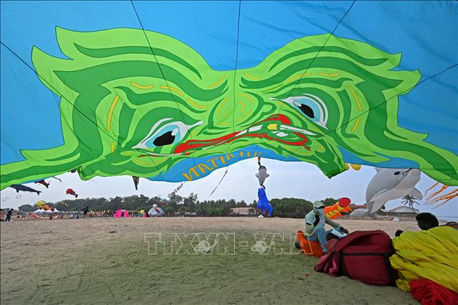 Lễ hội thả diều quốc tế Tamil Nadu diễn ra tại thành phố Mamallapuram của Ấn Độ từ ngày 12-14/8/2023, thu hút đông đảo người tham gia. Tại lễ hội, những con diều hoạt hình ngộ nghĩnh, độc đáo bay vút lên cao tạo nên một khung cảnh vui nhộn. Ảnh: AFP/TTXVN