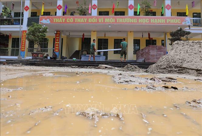 Trường phổ thông dân tộc bán trú Tiểu học và Trung học cơ sở Hồ Bốn (Mù Cang Chải, Yên Bái) chịu thiệt hại nặng nề khi mưa lũ xảy ra. Ảnh: Thanh Tùng - TTXVN 
