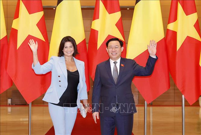Chủ tịch Quốc hội Vương Đình Huệ và Chủ tịch Thượng viện Vương quốc Bỉ Stéphanie D'Hose. Ảnh: Doãn Tấn - TTXVN 