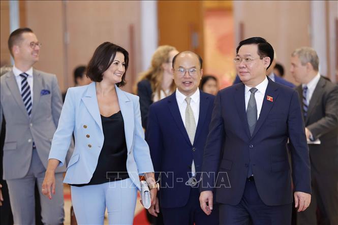 Chủ tịch Quốc hội Vương Đình Huệ và Chủ tịch Thượng viện Vương quốc Bỉ Stéphanie D'Hose. Ảnh: Doãn Tấn - TTXVN