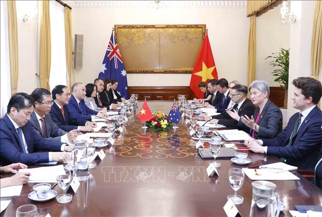 Bộ trưởng Ngoại giao Bùi Thanh Sơn vài Bộ trưởng Ngoại giao Australia Penny Wong đồng chủ trì hội nghị. Ảnh: An Đăng - TTXVN