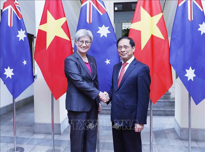 Bộ trưởng Ngoại giao Bùi Thanh Sơn đón Bộ trưởng Ngoại giao Australia Penny Wong. Ảnh: An Đăng - TTXVN