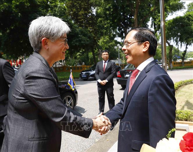 Bộ trưởng Ngoại giao Bùi Thanh Sơn đón Bộ trưởng Ngoại giao Australia Penny Wong. Ảnh: An Đăng - TTXVN