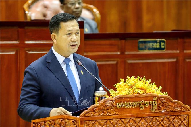 Thủ tướng Chính phủ Hoàng gia Campuchia Hun Manet phát biểu tại kỳ họp thứ I Quốc hội khóa VII ở Phnom Penh, ngày 22/8/2023. Ảnh: AFP/TTXVN