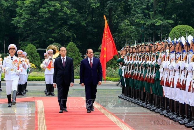 Chủ tịch nước Trần Đại Quang chủ trì lễ đón Tổng thống Ai Cập Abdel Fattah el-Sisi thăm cấp Nhà nước Việt Nam (2017). Ảnh: Nhan Sáng – TTXVN