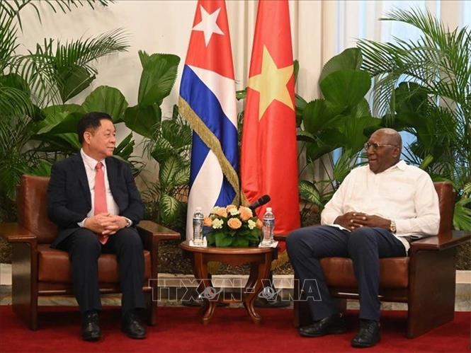 Đồng chí Nguyễn Trọng Nghĩa, Bí thư Trung ương Đảng, Trưởng Ban Tuyên giáo Trung ương và đồng chí Salvador Valdés Mesa, Ủy viên Bộ Chính trị, Phó Chủ tịch Cuba. Ảnh: Mai Phương-Pv TTXVN tại Cuba