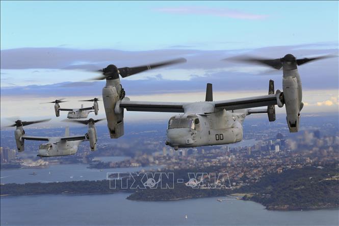 (Tư liệu) Máy bay Osprey của Mỹ tham gia tập trận ở ngoài khơi thành phố Sydney, Australia ngày 29/6/2017. Ảnh: AFP/TTXVN