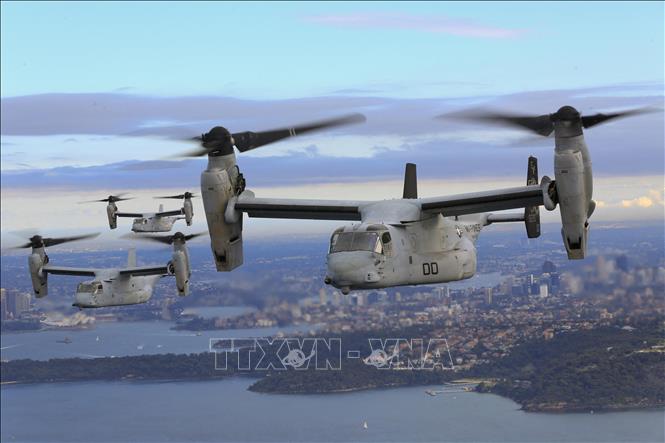 (Tư liệu) Máy bay MV-22B Osprey của Mỹ tham gia cuộc tập trận ở ngoài khơi thành phố Sydney, Australia ngày 29/6/2017. Ảnh: AFP/TTXVN
