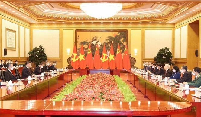 Tổng Bí thư Nguyễn Phú Trọng hội đàm với Tổng Bí thư, Chủ tịch Trung Quốc Tập Cận Bình trong chuyến thăm chính thức Trung Quốc (Bắc Kinh, 31/10/2022). Ảnh: Trí Dũng –TTXVN