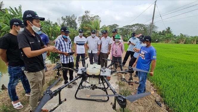 Tập huấn sử dụng máy bay nông nghiệp không người lái cho nông dân tỉnh Bạc Liêu, góp phần giảm chi phí, nâng cao hiệu quả sản xuất. Ảnh: Tuấn Kiệt – TTXVN