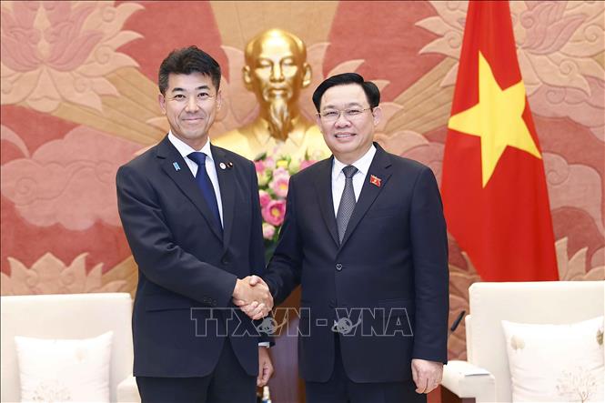 National Assembly Chairman Vuong Dinh Hue receives CDP President Kenta Izumi in Hanoi on August 30.  VNA Photo.: Doãn Tấn 
