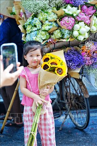 Em bé Hà Nội được mẹ chụp ảnh bên chiếc xe hoa rong trên đường Trúc Bạch giữa tiết trời Thu Hà Nội. Ảnh: Khánh Hoà - TTXVN