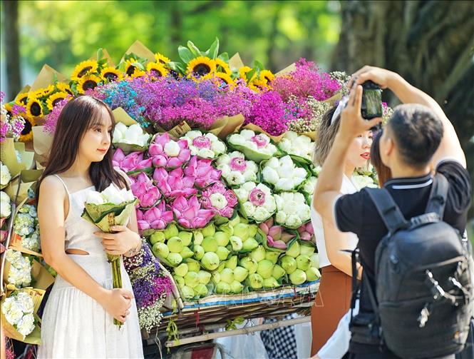 Trào lưu check-in, chụp ảnh bên xe hoa rong thu hút chủ yếu là các bạn nữ. Ảnh: Khánh Hoà - TTXVN